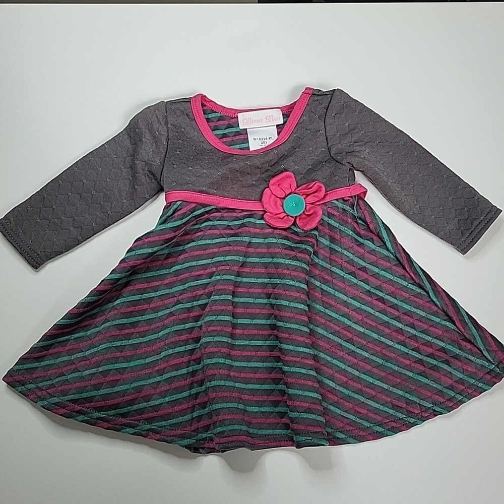 BONNIE BABY Quilted Dress Girls 12mo Pink Gray Tie Back